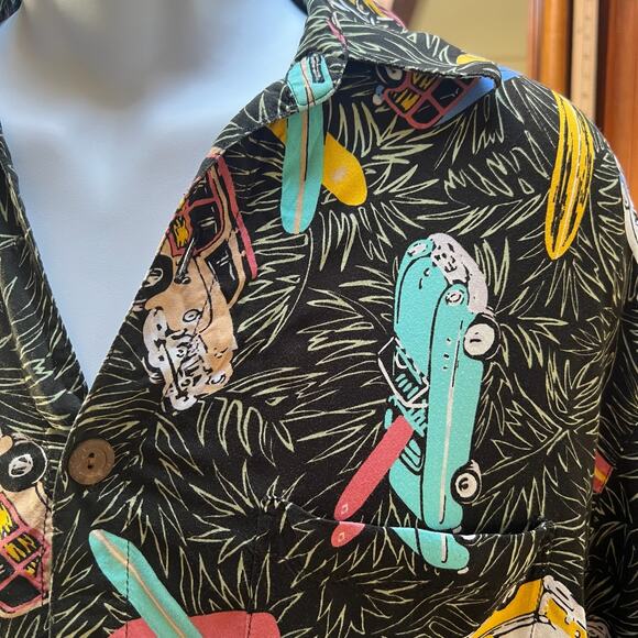 Vintage Pineapple Moon Hawaiian Shirt M | 90s Surf Cars Rayon Aloha Retro Black - Picture 3 of 8